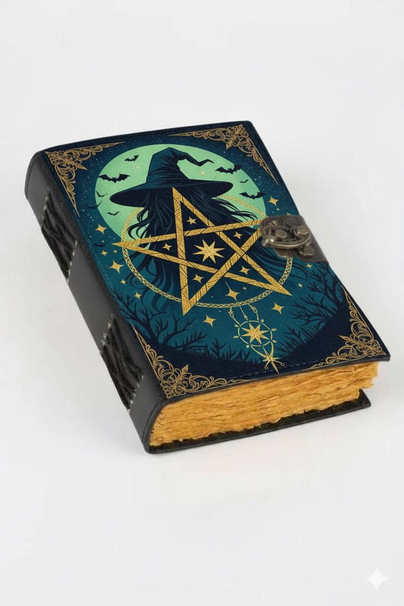 400 Page Large Handmade Black Leather Green Pentagram Journal: Wiccan Grimoire with Gemstone Book of Shadows Witchcraft Journal and Notebook