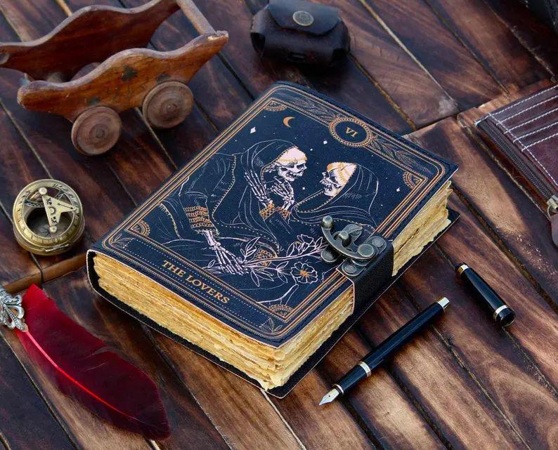 The Lovers Tarot Notebook Leather Gothic Book of Spells Grimoire Printed Journal Notebook Skull lover Antique Journals gifts for men - women