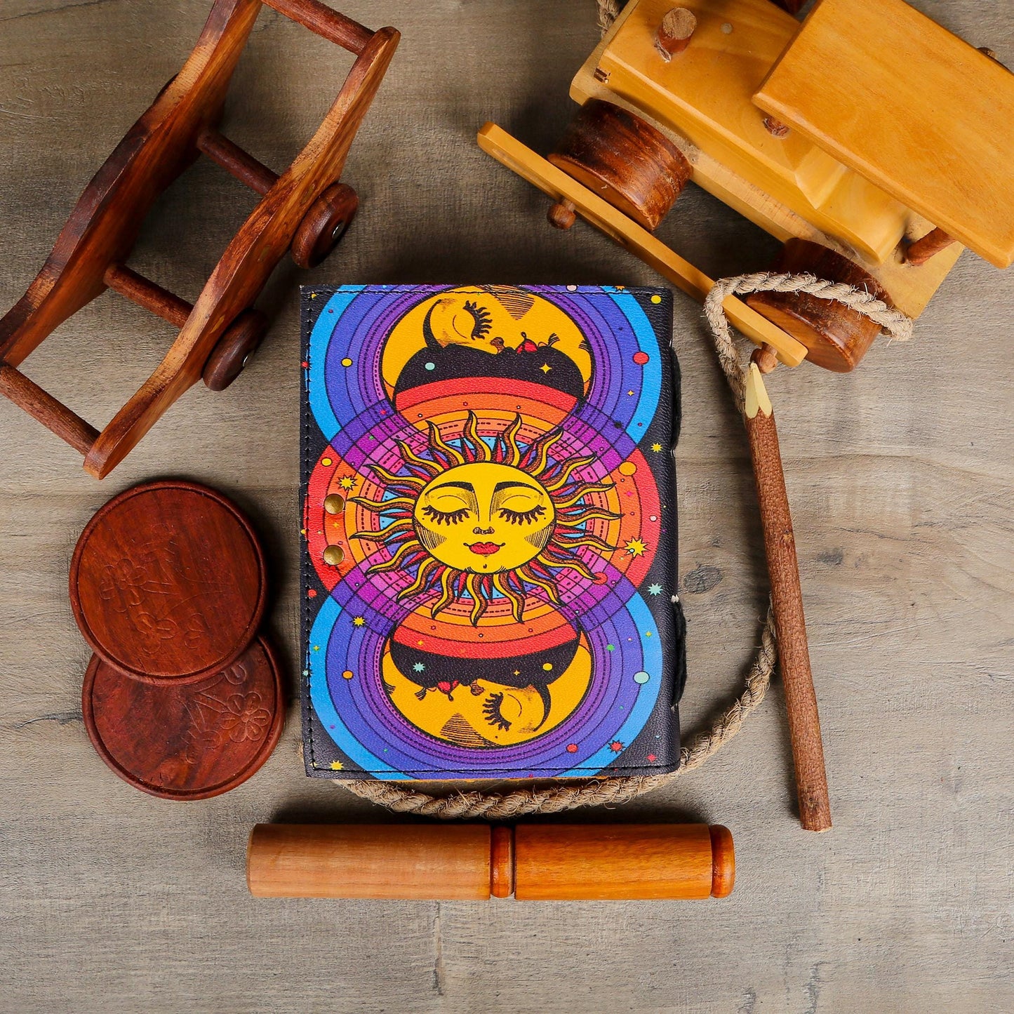 Sun Moon Grimoire Vintage leather journal, Moon Leather Journal, Blank spell book of shadows Halloween Gifts For Him Her