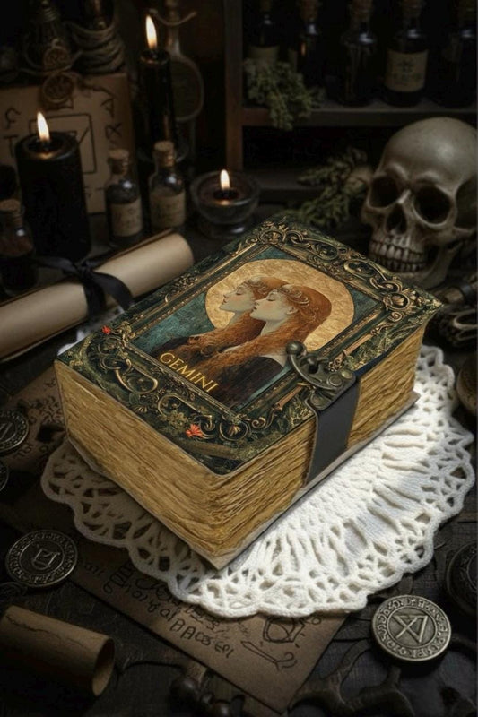 Gemini Grimoire Vintage leather journal, Zodiac Leather Journal, Blank spell book of shadows Birthday Gifts For Him Her
