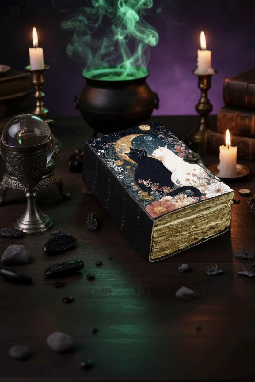 Grimoire leather journal, Print Cat Journal, Blank spell book book of shadows Leather Celestial Gifts For Him Her