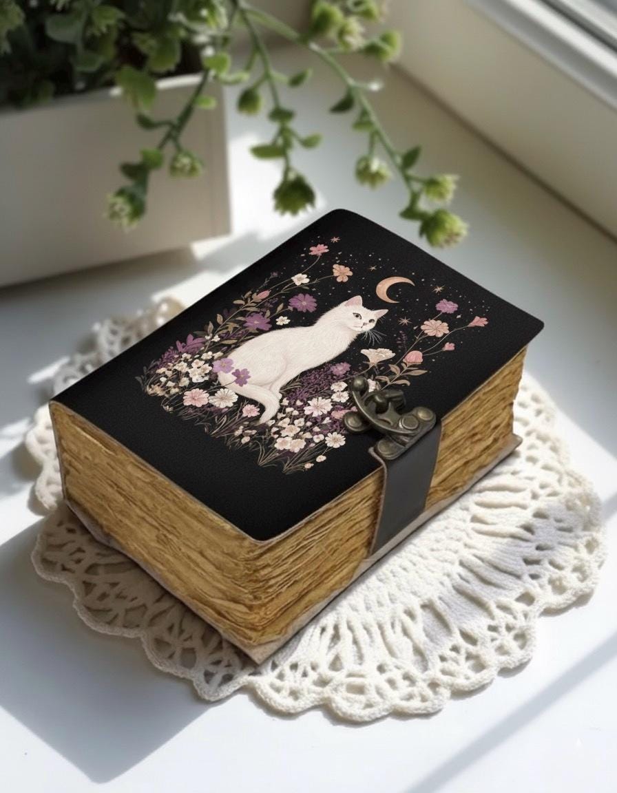 400 Page Large Leather Grimoire Journal: Cat Print Book of Shadows Magic Leather Journal, Spell book Magic Cat  Journal Halloween Gifts