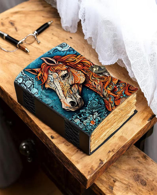 Horse Leather Journal with Lock Handmade Vintage Diary with Deckle Edge Paper, Book of Shadows Spell Book Grimoire Sketchbook Gift