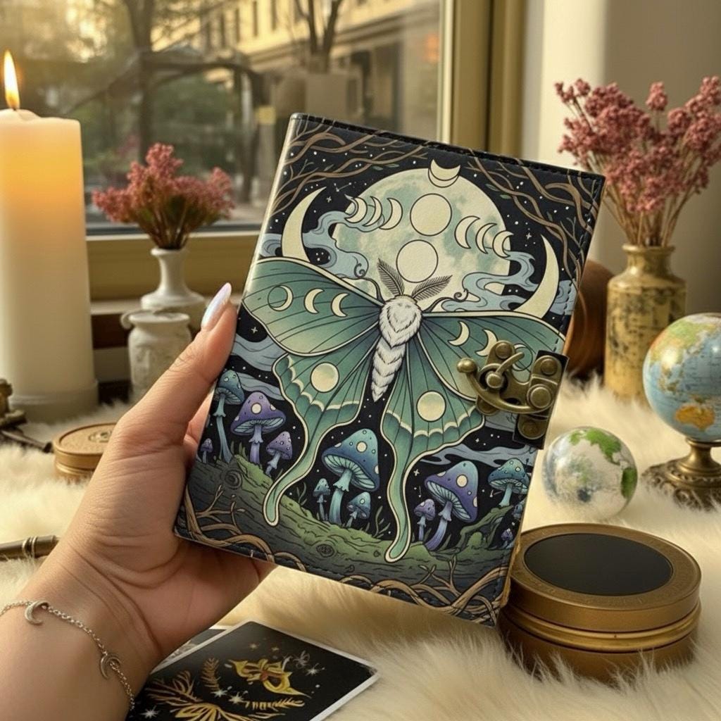 Luna Moth Leather Journal Gothic Grimoire Book of Shadows Vintage Luna Mushroom Spell book Witchcraft Journal Moon Phase gifts for Christmas