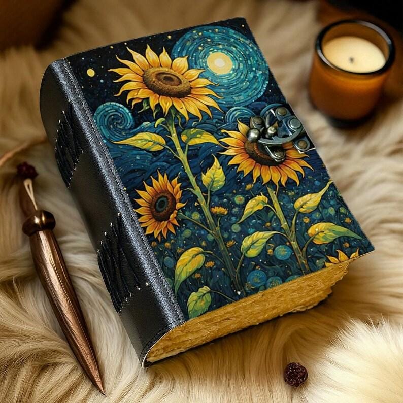 Handmade Leather Journal with Sunflower Design Starry Inspired Notebook Vintage Writing Diary with Deckle Edge Paper Boho Artistic Gift