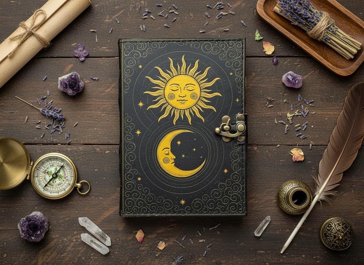 Sun Moon Grimoire Vintage leather journal, Moon Leather Journal, Blank spell book of shadows Halloween Gifts For Him Her