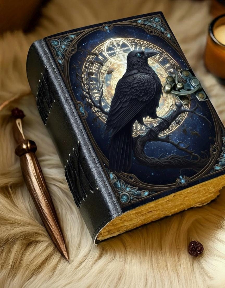 Raven Grimoire Vintage leather journal, Raven Leather Journal, Blank spell book of shadows Halloween Gifts For Him Her