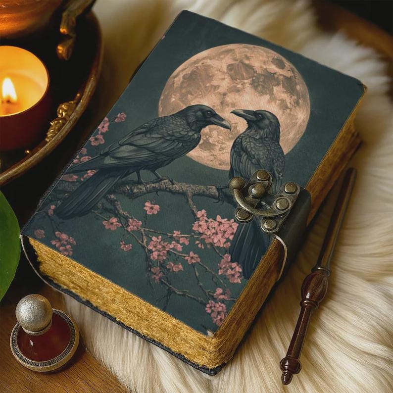 Raven Grimoire Vintage leather journal, Raven Leather Journal, Blank spell book of shadows Halloween Gifts For Him Her