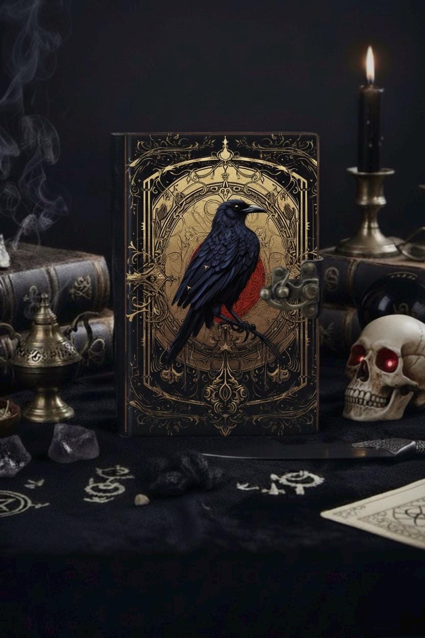 Raven Witchcraft Leather Journal Gothic Grimoire Book of Shadows Vintage Raven Grimoire Journal Witchcraft Journal Raven gifts for Halloween