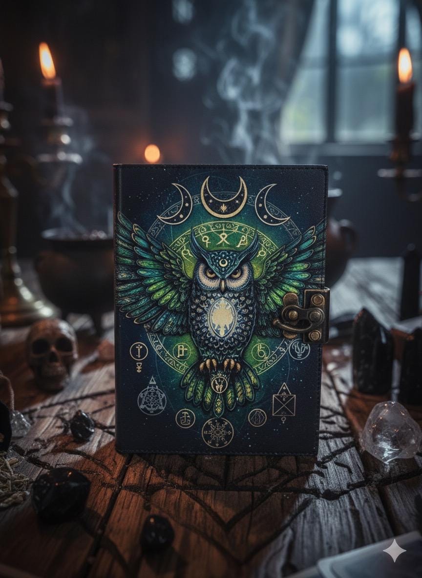 Owl Grimoire Leather Journal: Gothic Blank Book of Shadows