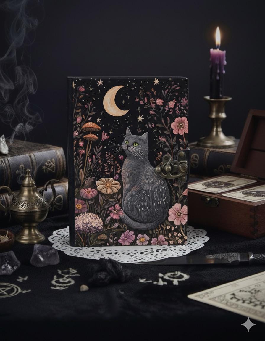 Leather Grimoire Journal: Cat With Moon Print Book of Shadows Magic Leather Journal, Spell book Magic Cat  Journal Gifts for Women