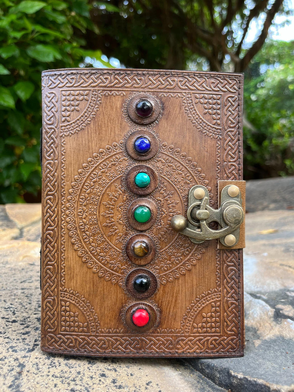 Handmade Leather Journal: Seven Stone Book of Shadows with Lock