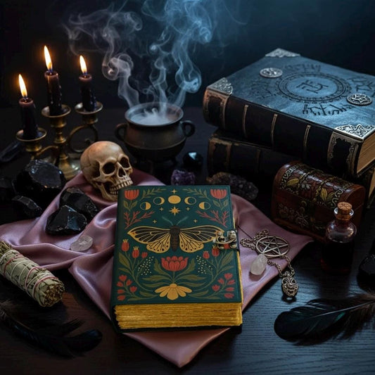 Vintage Leather Moth Journal with Moon Phases – Celestial Grimoire Notebook with Deckle Edge Paper, Witchy Décor Diary, Gothic Gift