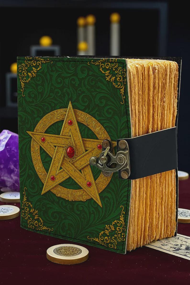 400 Page Large Handmade Black Leather Green Pentagram Journal: Wiccan Grimoire with Gemstone Book of Shadows Witchcraft Journal and Notebook