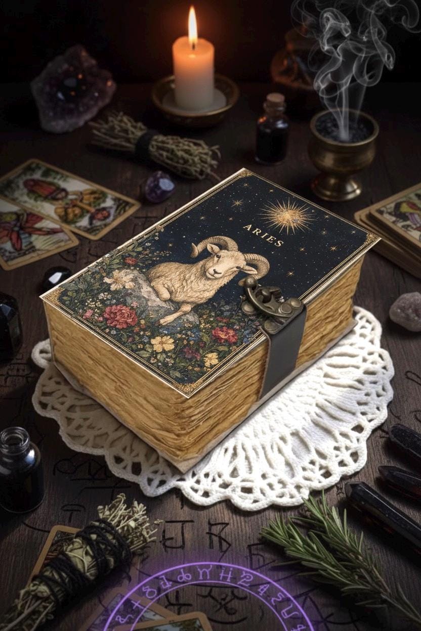 Aries Grimoire Vintage leather journal, Zodiac Leather Journal, Blank spell book of shadows Birthday Gifts For Him Her