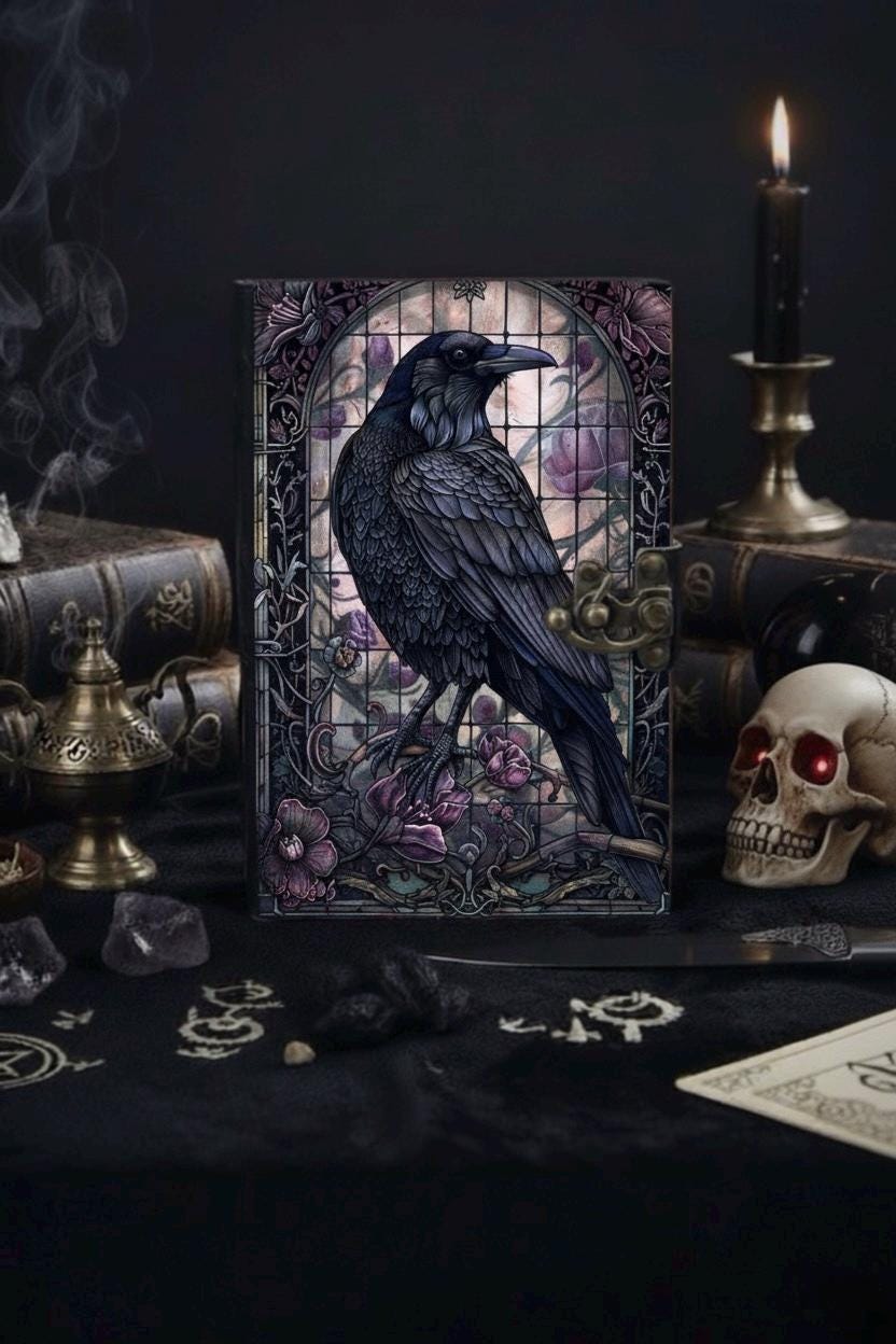 The Raven Leather Journal Gothic Grimoire Book of Shadows Vintage Raven Grimoire Journal Witchcraft Magic Journal Raven gifts for Halloween