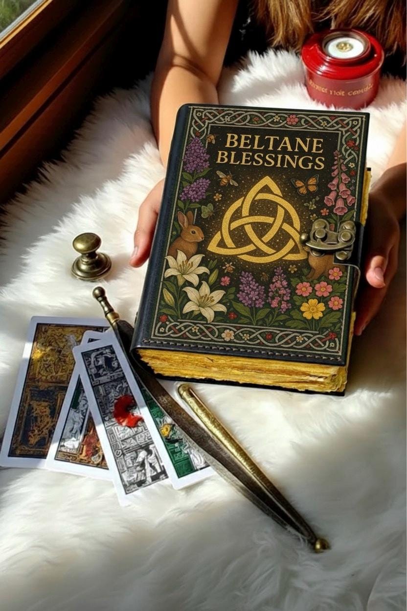 400 Page Large Beltane Blessings Grimoire leather journal, Pentagram Leather Journal, spell book of shadows Halloween Gifts For Him Her