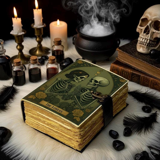 Grimoire leather journal, The Skull Lovers Handmade Fat Journal, Blank spell book of shadows Celestial Lover Gifts For Him Her