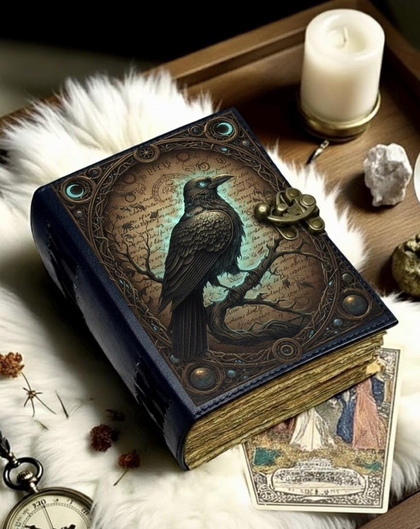Raven Grimoire Vintage leather journal, Raven Leather Journal, Blank spell book of shadows Halloween Gifts For Him Her