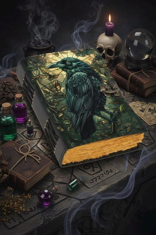 The Raven Leather Journal: Gothic Grimoire Book of Shadows Spell Book Witchcraft Leather Journal, Crow Magic  Journal Gift for Halloween
