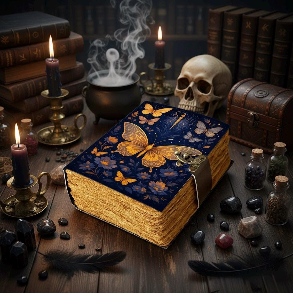 Luna Moth Grimoire – Handmade Spell Book with Lock | Personalized Wiccan Leather Journal with Deckle Pages | Witchy Gift