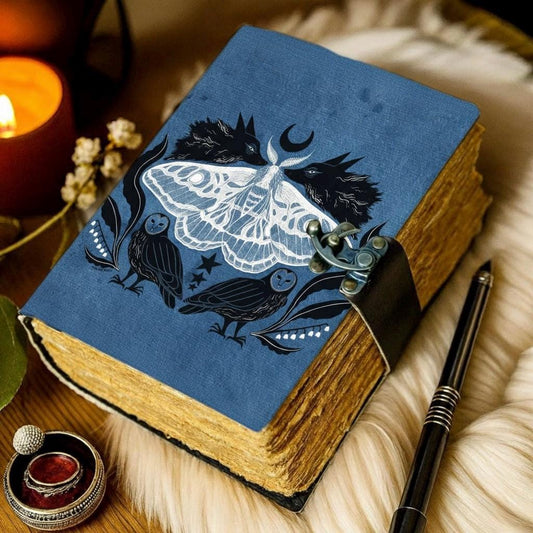 Luna Moth Grimoire Leather Journal - Owl Book of Shadows Notebook -Blank Spell Book Fox Handmade Sketchbook | Witchy Journal