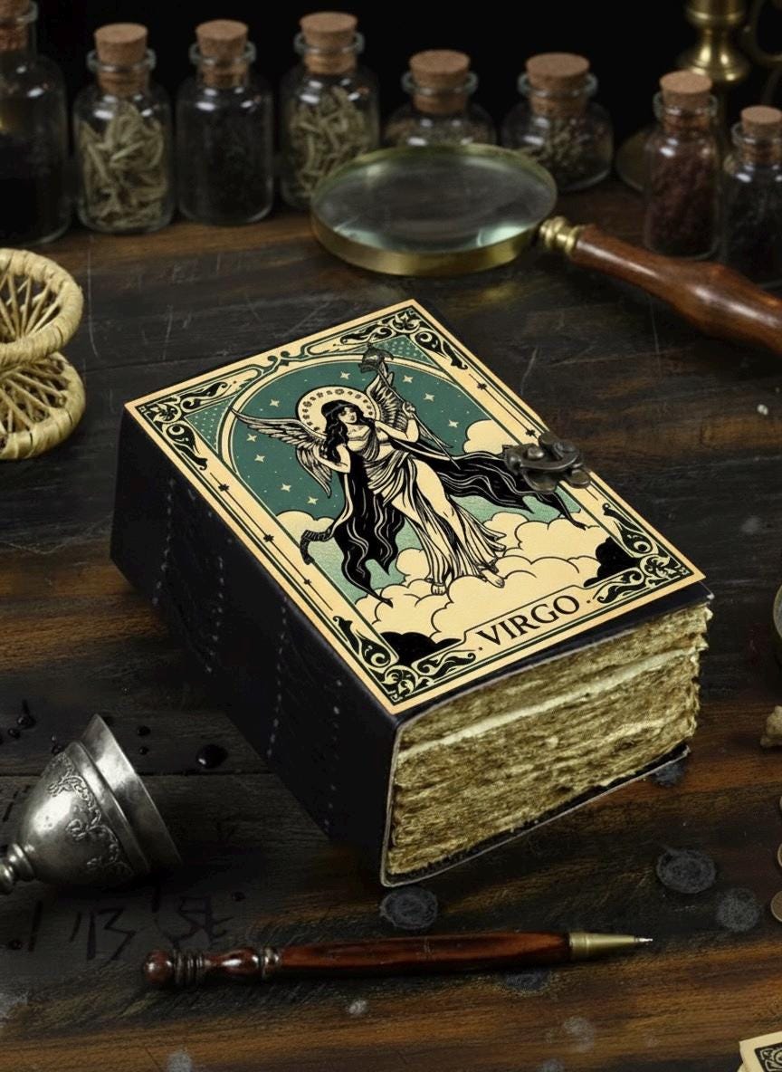 Virgo Book of Shadows Vintage leather journal, Zodiac Leather Journal, Blank spell Grimoire Diary Birthday Gifts For Him Her