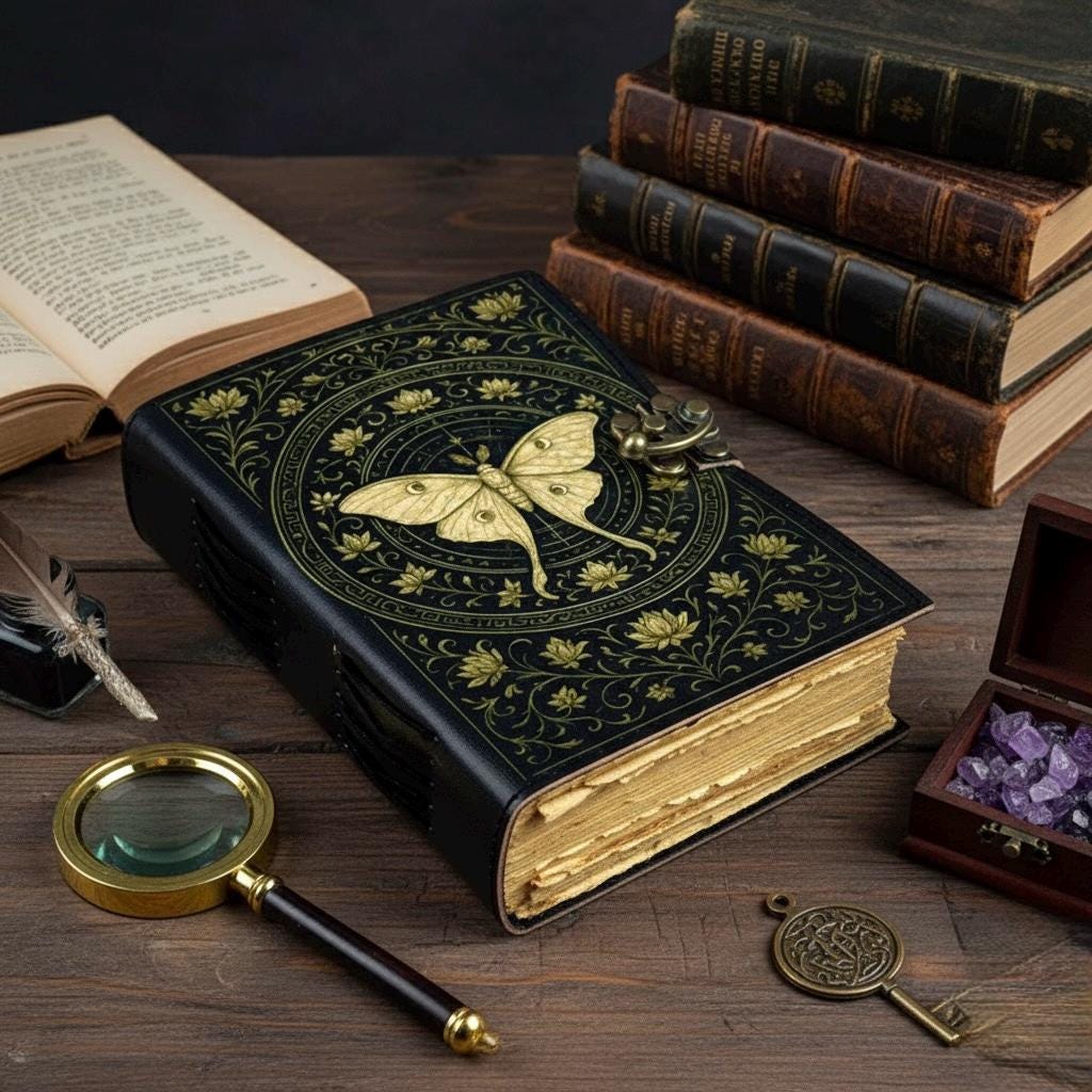 Luna Moth Grimoire – Handmade Spell Book with Lock | Personalized Wiccan Leather Journal with Deckle Pages | Witchy Gift