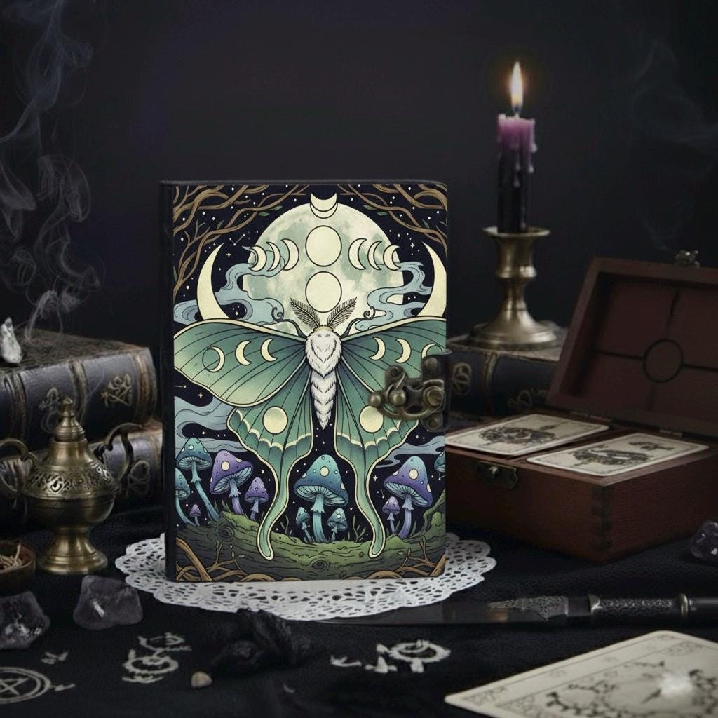 Luna Moth Leather Journal Gothic Grimoire Book of Shadows Vintage Luna Mushroom Spell book Witchcraft Journal Moon Phase gifts for Christmas