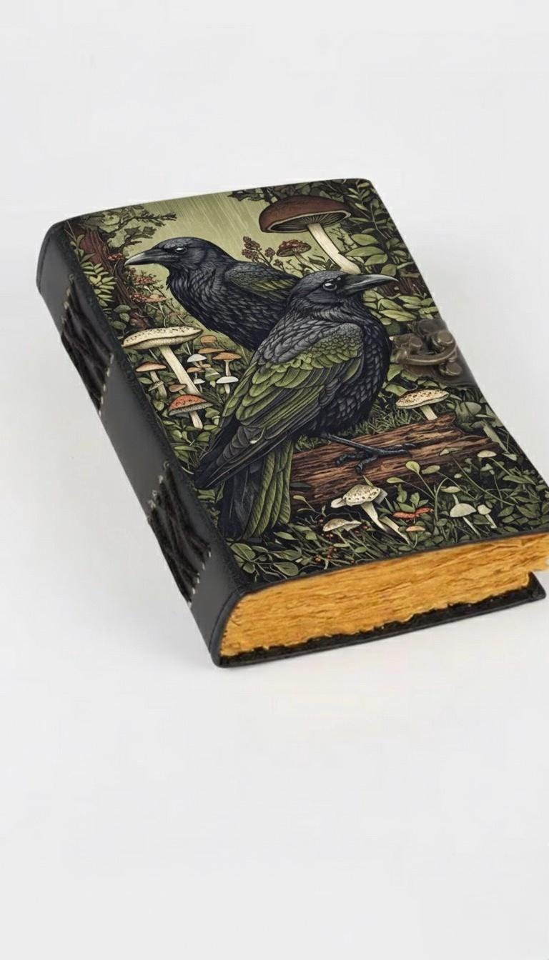 400 Page Large Raven Grimoire Vintage leather journal, Raven Leather Journal, Blank spell book of shadows Halloween Gifts For Him Her