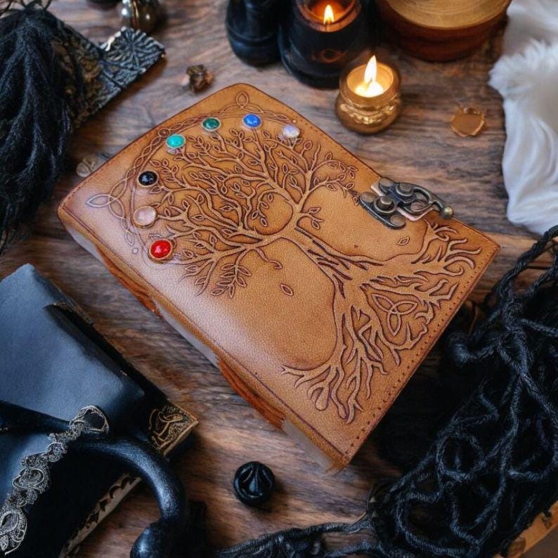 Seven Stone Tree of Life Leather Journal: Embossed Grimoire, Blank Book of Shadows