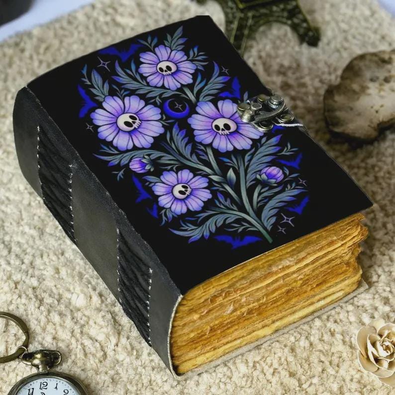 Purple Skull Flower Leather Journal Handmade Gothic Grimoire Notebook Dark Floral Witchy Book of Shadows, Vintage Occult Writing Diary Gift