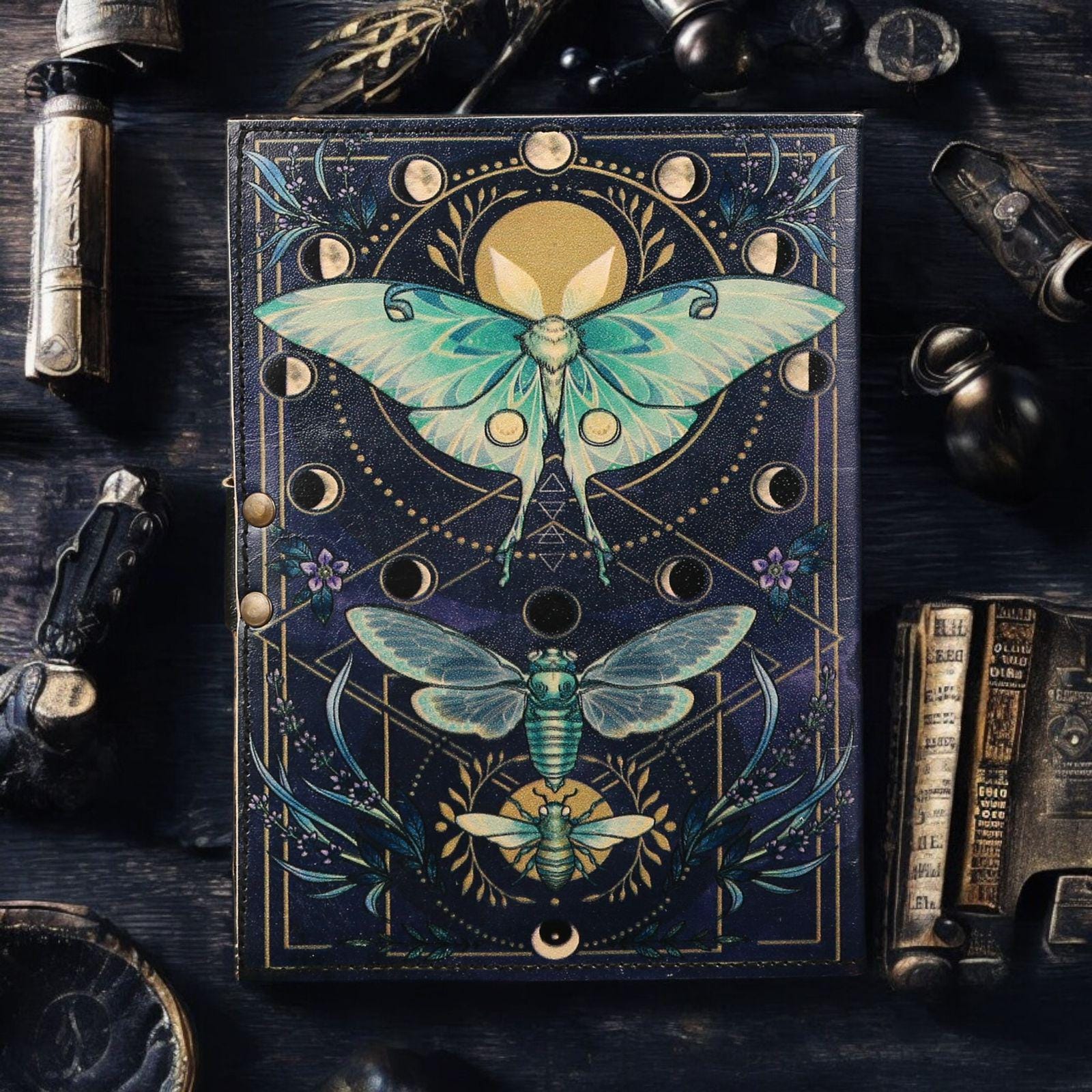 Luna Moth Leather Journal: Blank Spell Book of Shadows, Witchcraft Supplies