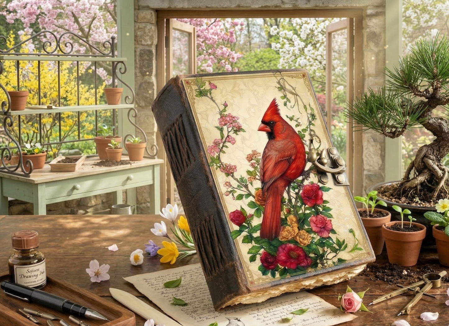 Cardinal leather Journal Bird Journal