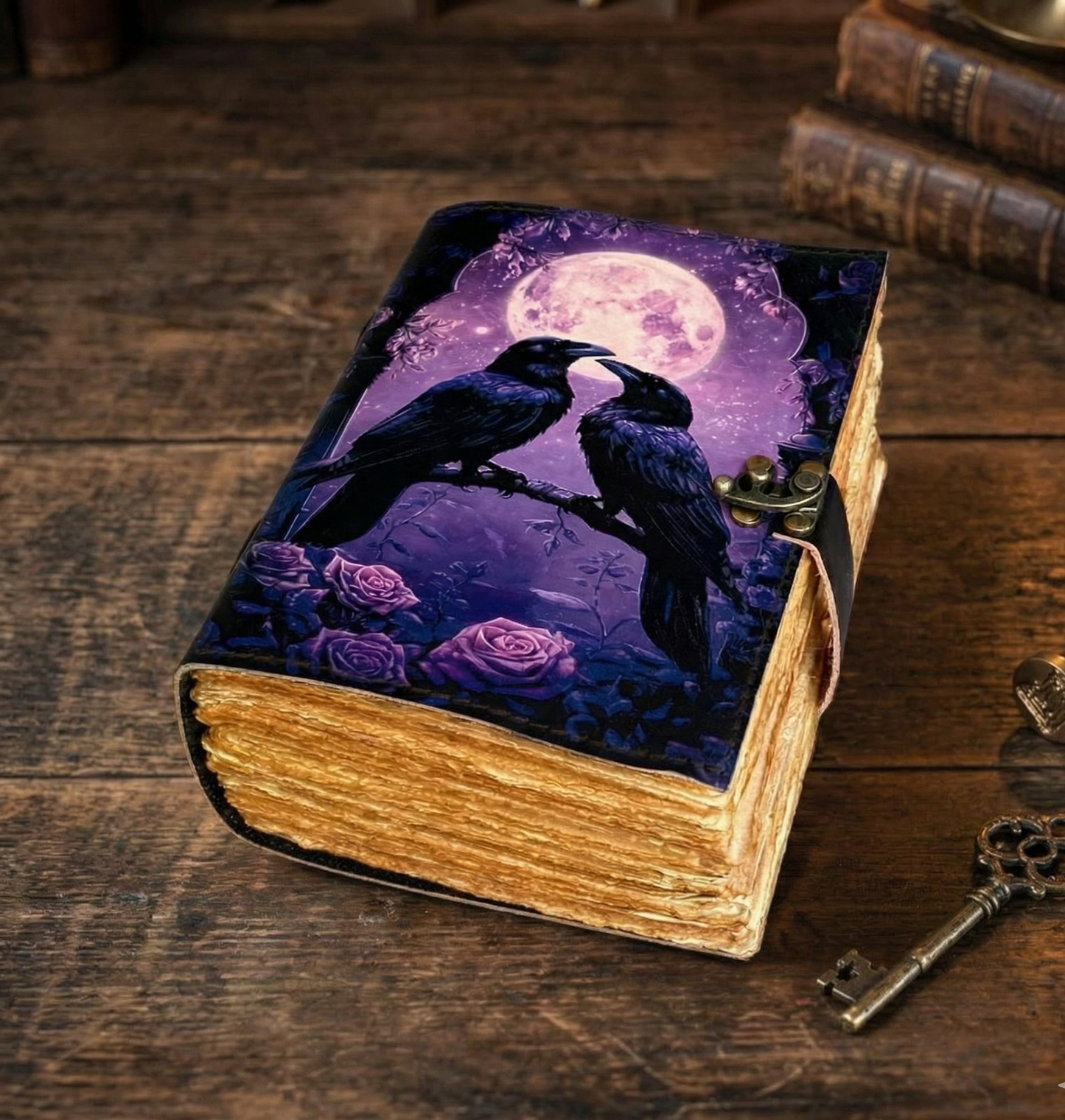 Witchy Raven Leather Journal – Handmade Deckle Edge page blank spell Book of Shadows