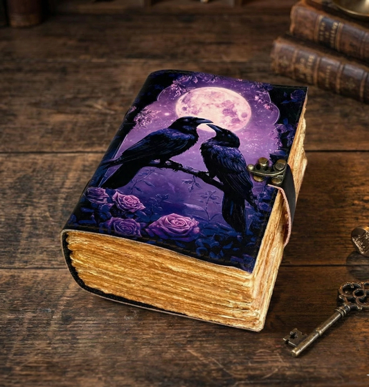 Witchy Raven Leather Journal – Handmade Deckle Edge page blank spell Book of Shadows