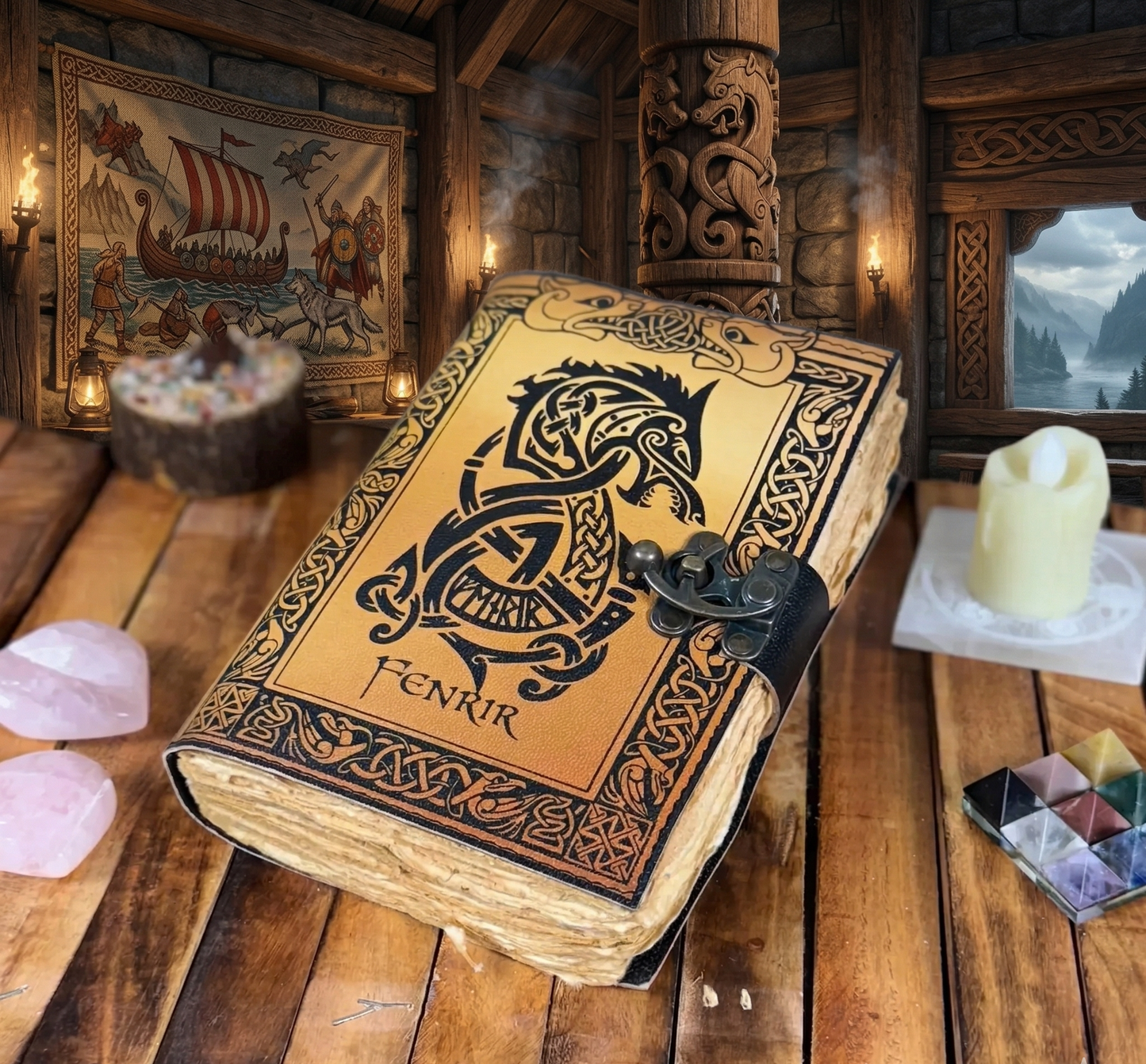 Viking Fenrir Leather Journal: Handmade Norse Grimoire, Celtic Wolf Design