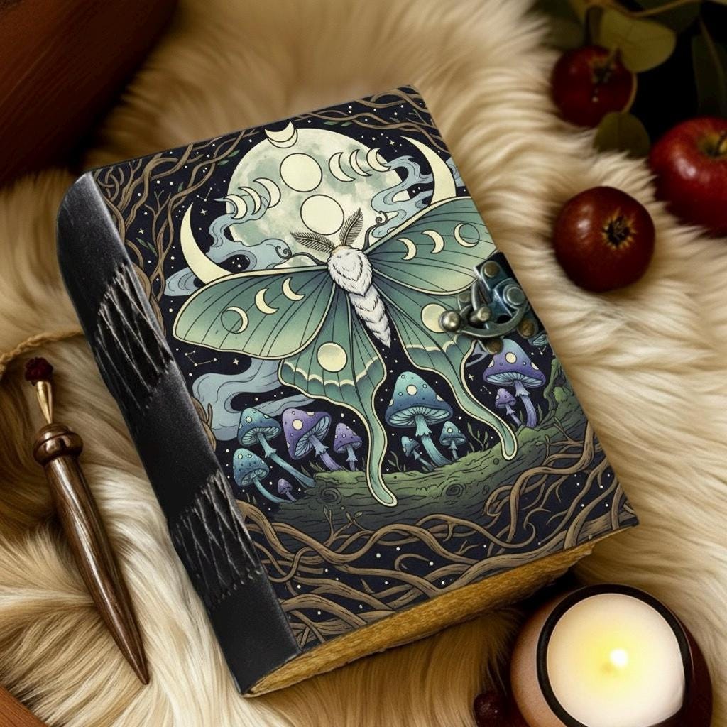 Luna Moth Leather Journal Gothic Grimoire Book of Shadows Vintage Luna Mushroom Spell book Witchcraft Journal Moon Phase gifts for Christmas