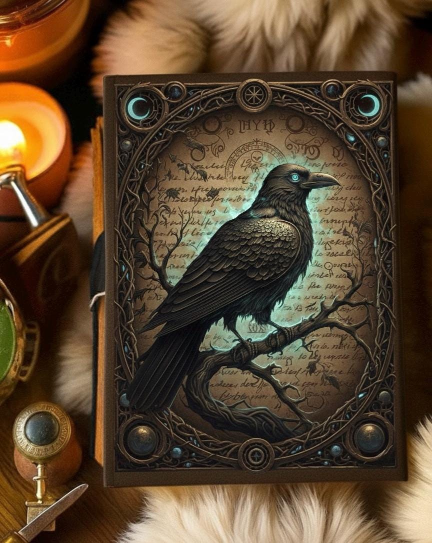 Raven Grimoire Vintage leather journal, Raven Leather Journal, Blank spell book of shadows Halloween Gifts For Him Her