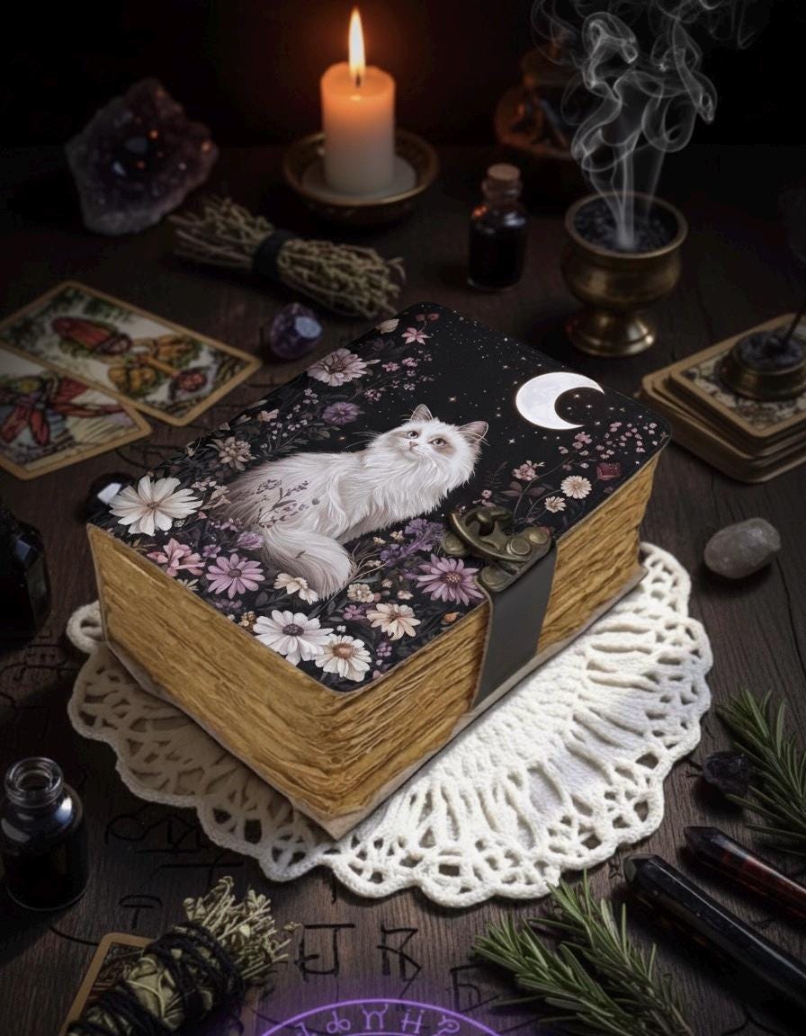 Book of shadows leather journal, Print Cat Journal, Blank spell Grimoire Leather Celestial Halloween Gifts For Him Her