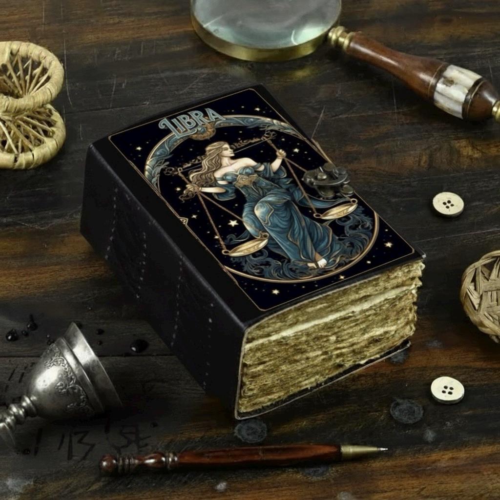 Libra Grimoire Vintage leather journal, Zodiac Leather Journal, Blank spell book of shadows Birthday Gifts For Him Her