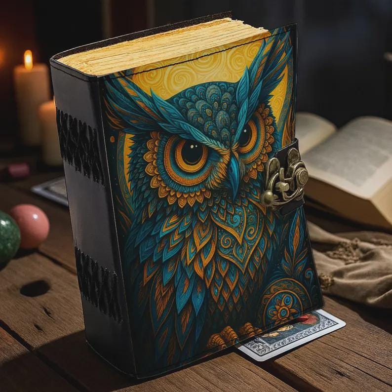 200 Page Owl Grimoire Journal – Blank Book of Shadows | Leather Spell Book of Wisdom | Handmade Witchy Sketchbook Moon Magic Tarot Notebook