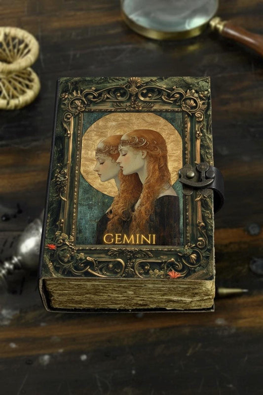 Gemini Grimoire Vintage leather journal, Zodiac Leather Journal, Blank spell book of shadows Birthday Gifts For Him Her