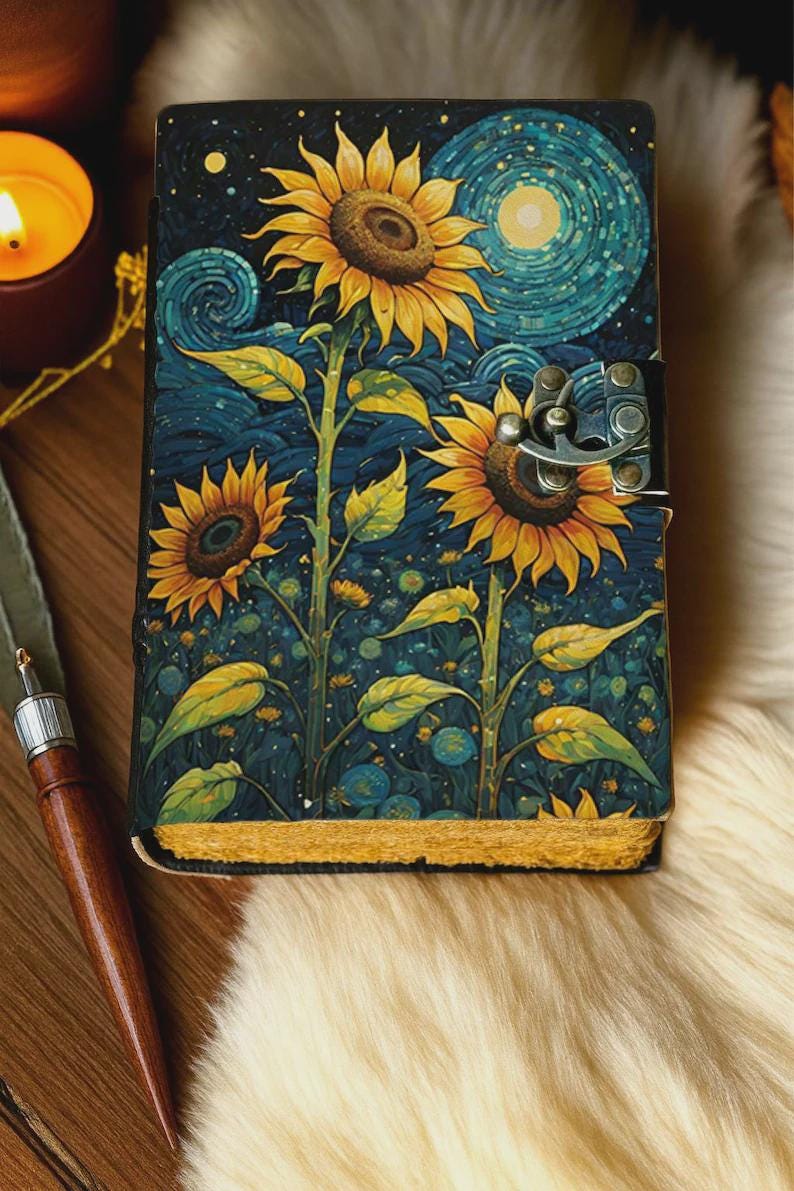 Handmade Leather Journal with Sunflower Design Starry Inspired Notebook Vintage Writing Diary with Deckle Edge Paper Boho Artistic Gift