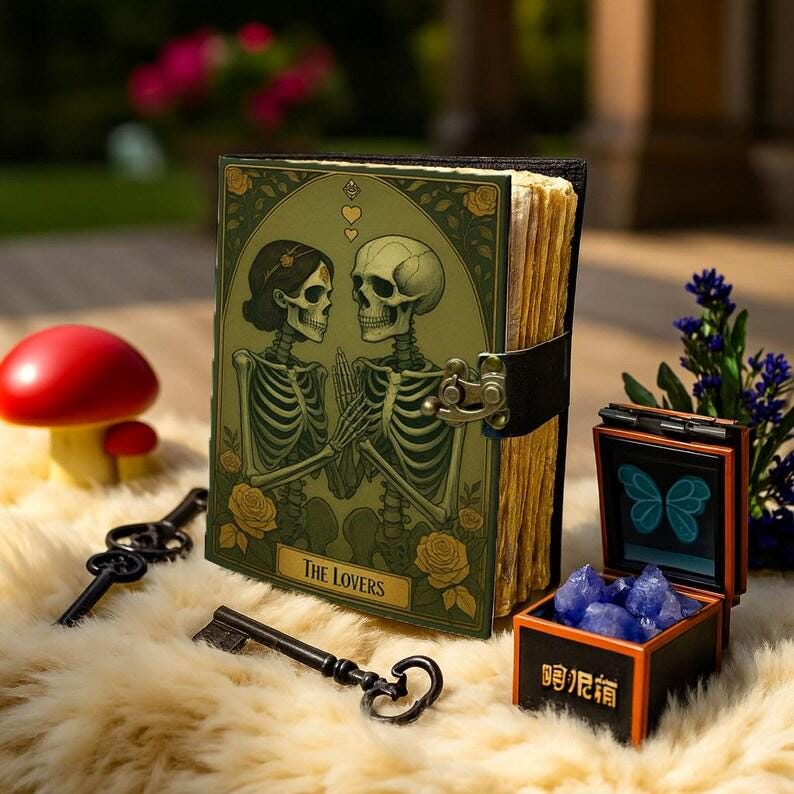 Grimoire leather journal, The Skull Lovers Handmade Fat Journal, Blank spell book of shadows Celestial Lover Gifts For Him Her