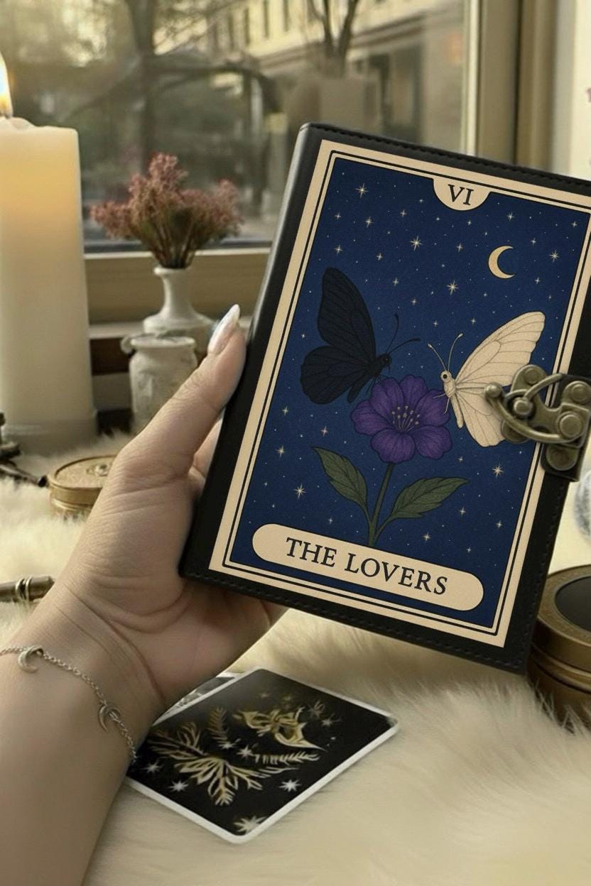 Grimoire Vintage leather journal, The Lovers Handmade Fat Journal, Blank spell book of shadows Celestial Lover Gifts For Him Her