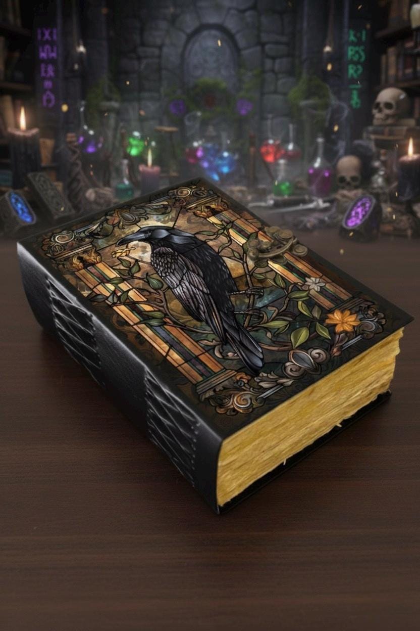 400 Page Large Raven Grimoire Vintage leather journal, Raven Leather Journal, Blank spell book of shadows Halloween Gifts For Him Her