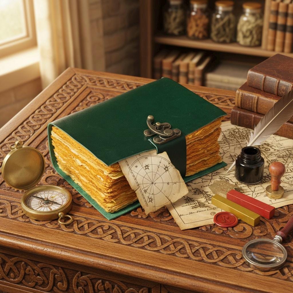 Green Leather Spell Book of Shadows with Vintage leather Journal - , Grimoire Journal, Travel Writing Notebook, Deckle Edge Paper