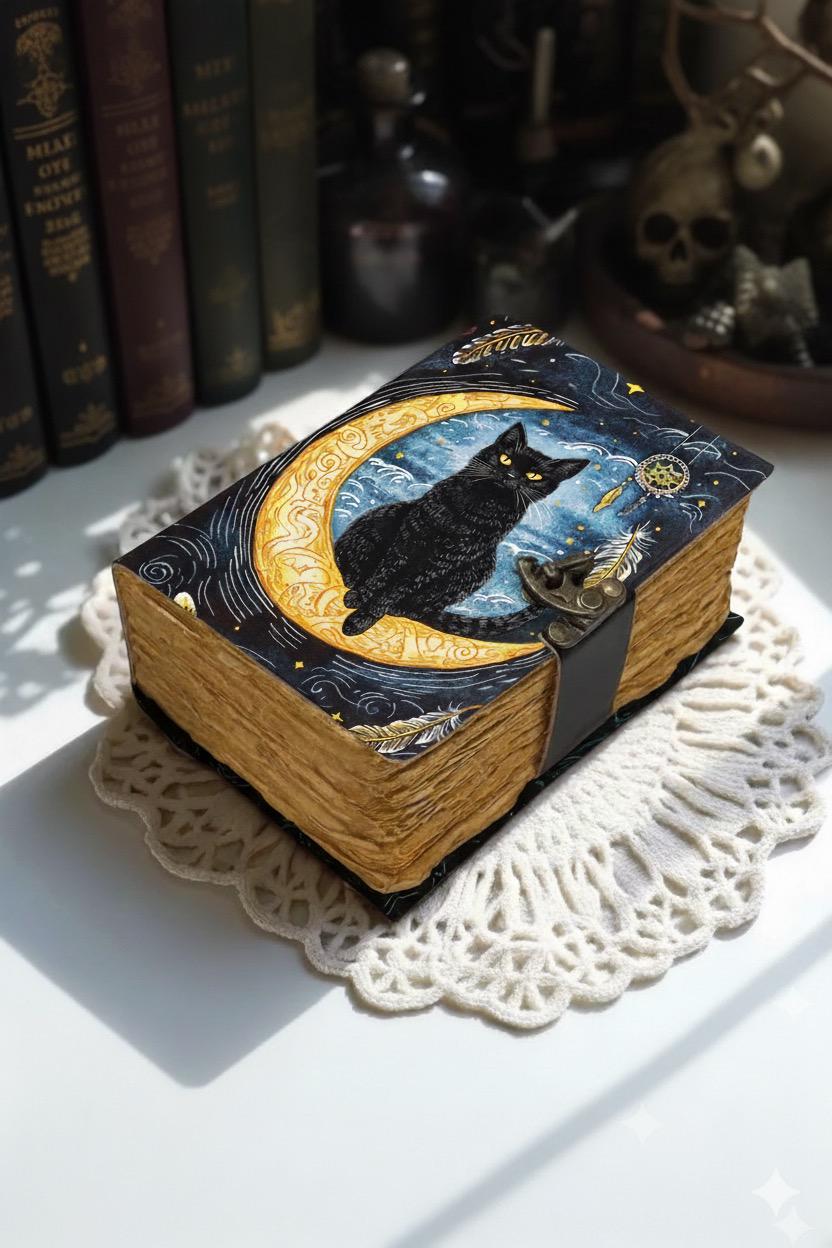 400 Page Large Leather Grimoire Journal: Cat Print Book of Shadows Magic Leather Journal, Spell book Magic Cat  Journal Halloween Gifts