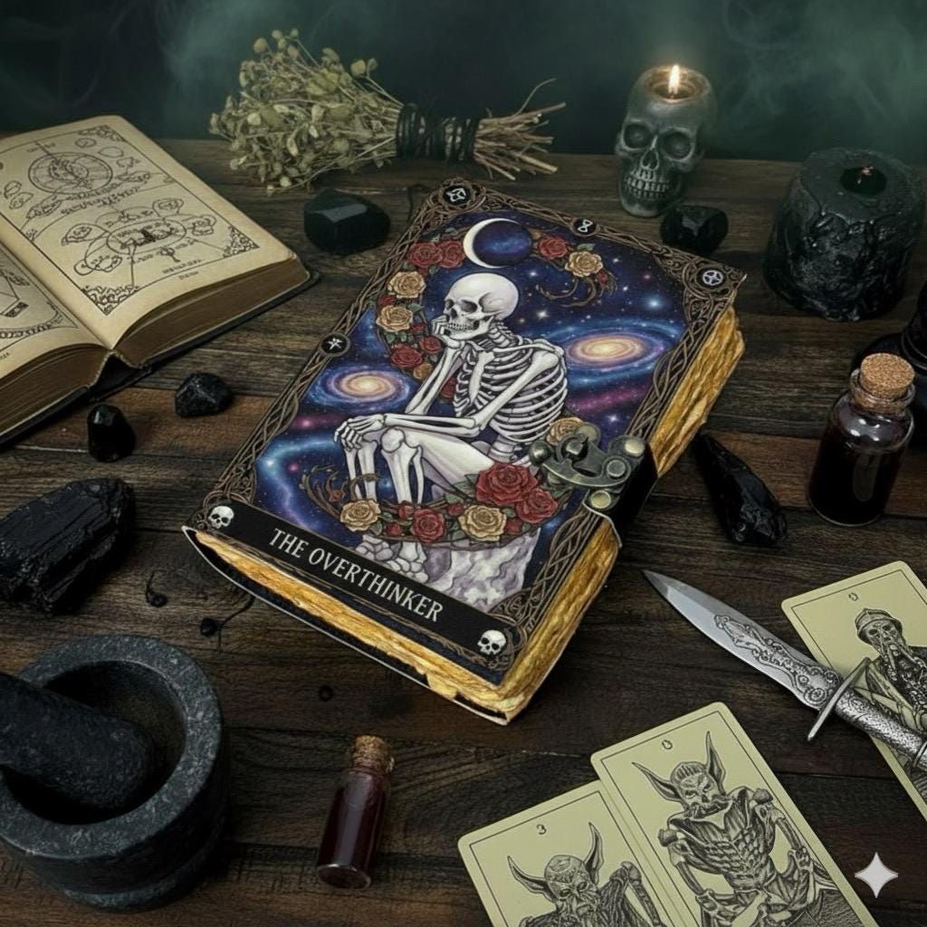 Overthinker Grimoire Leather Journal -Gothic Tarot Notebook -Blank Spell Book of shadows Handmade Sketchbook 200–400 Pages | Witchy Journal